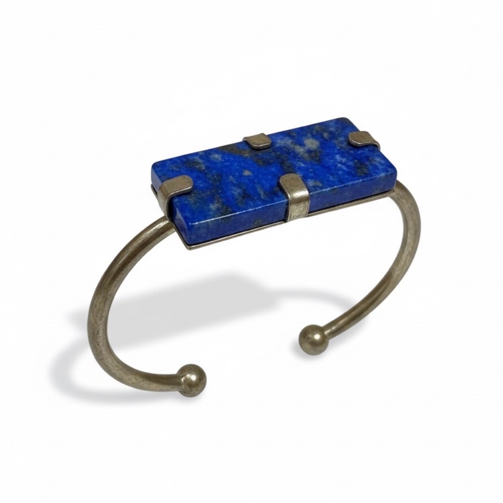 Vintage Lapis Lazuli Brass Cuff Bracelet Modernist Rectangular Stone - Picture 2 of 5